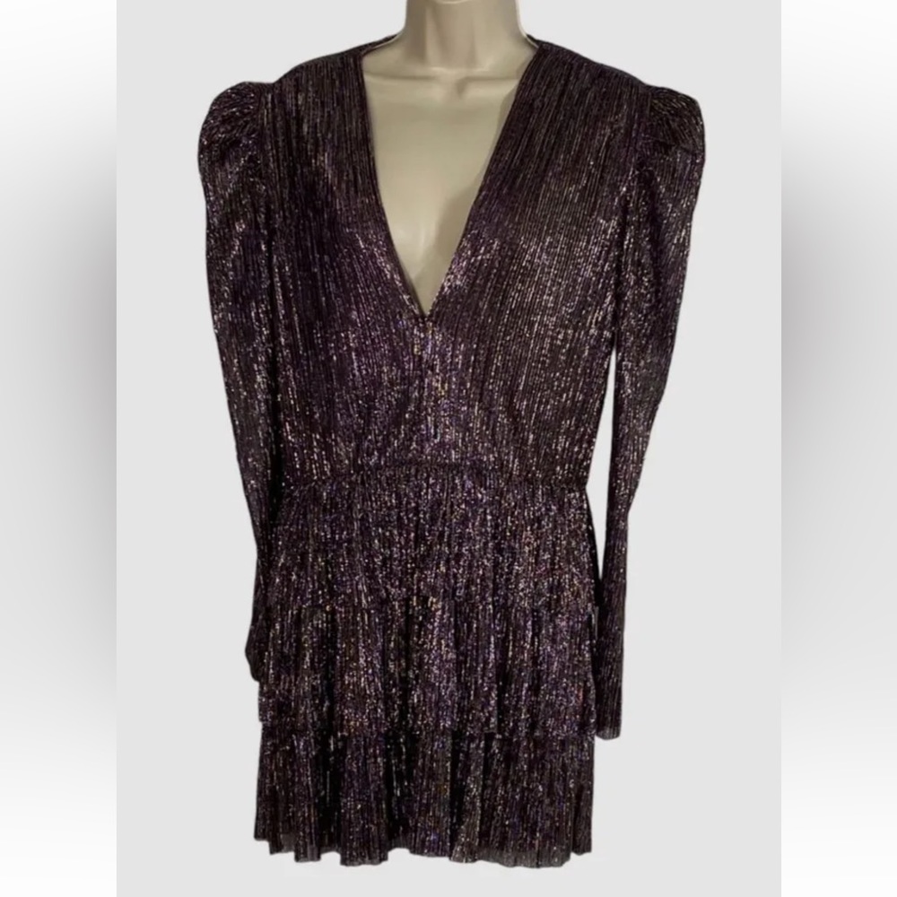 Sabina Musayev Carry Metallic Tiered Pleated Ruffle Puffed Shoulder Dress